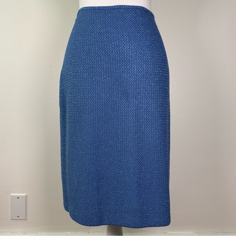 St. John Pique Knit Wool Blend Blue Silver Pencil Skirt Size 8 Metallic EUC